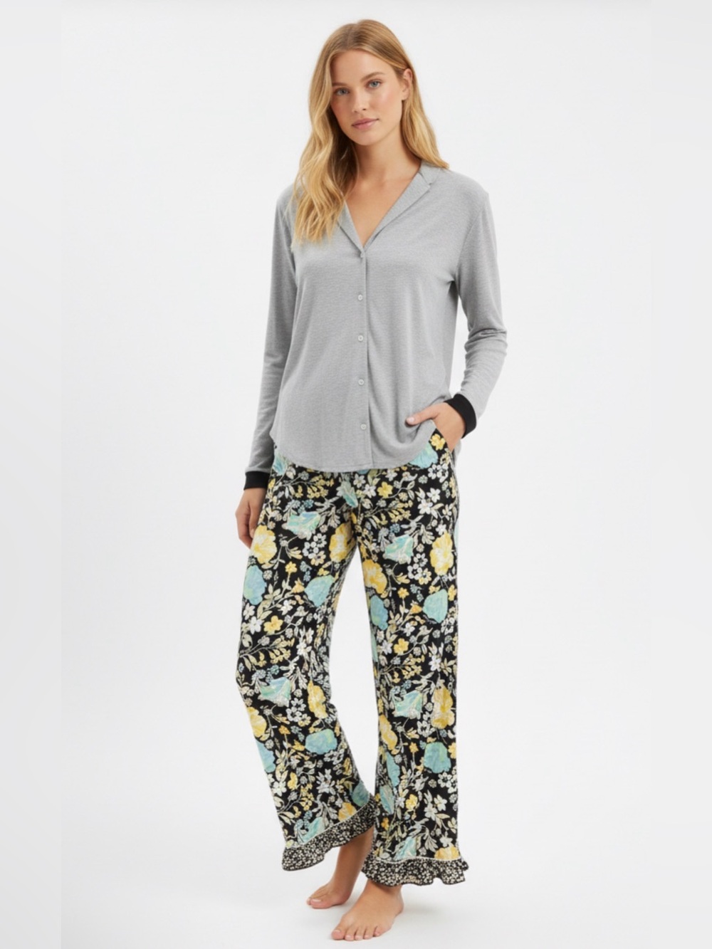 Victoria's Secret Pajama Modal Long Sleeve Top & Floral Satin Pants L